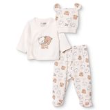 HelloBaby Erkek Bebek Zıbın-Şapka-Alt Hayvan Baskılı Çıtçıtlı V Yaka Uzun Kol Patikli - Ekru