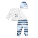 HelloBaby Erkek Bebek Zıbın-Şapka-Alt Hayvan Baskılı Çıtçıtlı V Yaka Uzun Kol Patikli - Mavi