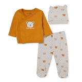 HelloBaby Erkek Bebek Zıbın-Şapka-Alt Hayvan Baskılı Çıtçıtlı V Yaka Uzun Kol Patikli - Turuncu