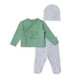 HelloBaby Erkek Bebek Zıbın-Şapka-Alt Hayvan Baskılı Çıtçıtlı V Yaka Uzun Kol Patikli - Yeşil