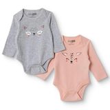 HelloBaby Kız Bebek 2li Uzun Kol Body Hayvan Baskılı Çıtçıtlı Zarf Yaka - Pembe
