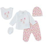 HelloBaby Kız Bebek 5li Hastane Çıkışı Seti Çiçek Baskılı Çıtçıtlı Zarf Yaka Long Sleeve Patikli - Ekru
