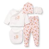 HelloBaby Kız Bebek 5li Hastane Çıkışı Seti Dinozor Baskılı Çıtçıtlı Bisiklet Yaka Uzun Kol Patikli - Ekru