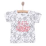 HelloBaby Kız Bebek Basic Tişört Meow Kedi Desenli Bisiklet Yaka Kısa Kol Beyaz -