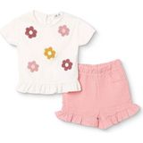 Hellobaby Kız Bebek Bluz-Şort Çiçek Baskılı Bisiklet Yaka Kısa Kol Reçme - 4 - 5 Yaş - Ekru Çizgili