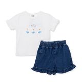 HelloBaby Kız Bebek Bluz-Şort Çiçek Baskılı Bisiklet Yaka Reçme - Ekru