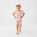 Hellobaby Kız Bebek Bluz-Şort Çiçek Baskılı Bisiklet Yaka Short Sleeve Reçme - 18 - 24 Ay - Pembe Melanj