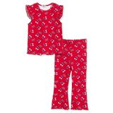 HelloBaby Kız Bebek Bluz-Tayt Kiraz Baskılı Bisiklet Yaka Kısa Kol Reçme - Kırmızı