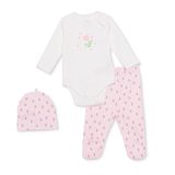 HelloBaby Kız Bebek Body-Alt-Şapka Çiçek Baskılı Çıtçıtlı Bisiklet Yaka Uzun Kol Patikli - Ekru