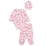 HelloBaby Kız Bebek Body-Alt-Şapka Kalp Baskılı Bisiklet Yaka Uzun Kol Patiksiz - Pembe