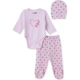 Hellobaby Kız Bebek Body-Alt-Şapka Kalp Baskılı Çıtçıtlı Bisiklet Yaka Uzun Kol Patikli - 1 - 3 Ay - Pembe