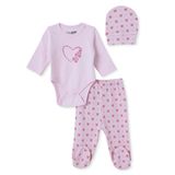 HelloBaby Kız Bebek Body-Alt-Şapka Kalp Baskılı Çıtçıtlı Bisiklet Yaka Uzun Kol Patikli - Pembe