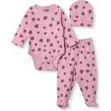 Hellobaby Kız Bebek Body-Alt-Şapka Kalp Baskılı Çıtçıtlı Bisiklet Yaka Uzun Kol Patiksiz - Pembe - 9 Ay
