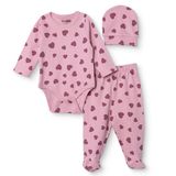 HelloBaby Kız Bebek Body-Alt-Şapka Kalp Baskılı Çıtçıtlı Bisiklet Yaka Uzun Kol Patiksiz - Pembe