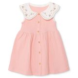 HelloBaby Kız Bebek Elbise Çiçek Baskılı Düğmeli Bebe Yaka Sleeveless Reçme - Pembe