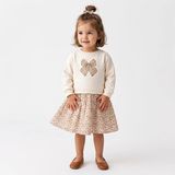Hellobaby Kız Bebek Elbise Fiyonk Baskılı Bisiklet Yaka Long Sleeve - Ekru - 9 - 12 Ay