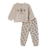 HelloBaby Kız Bebek Eşofman Takımı Çiçek Baskılı Bisiklet Yaka Uzun Kol Lastikli - Bej