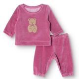 HelloBaby Kız Bebek Kadife Pijama Takımı Ayı Baskılı Bisiklet Yaka Uzun Kol Ribanalı - Pembe