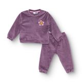 HelloBaby Kız Bebek Kadife Pijama Takımı Çiçek Baskılı Çıtçıtlı Bisiklet Yaka Uzun Kol Ribanalı - Mor