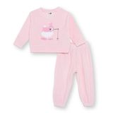 HelloBaby Kız Bebek Kadife Pijama Takımı Hayvan Baskılı Bisiklet Yaka Uzun Kol Ribanalı - Pembe