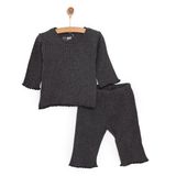 HelloBaby Kız Bebek Pijama Takımı Çıtçıtlı Bisiklet Yaka Uzun Kol Reçme - Koyu Gri
