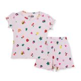 HelloBaby Kız Bebek Pijama Takımı Fiyonk Baskılı Bisiklet Yaka Short Sleeve Reçme - Açık Pembe