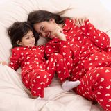 HelloBaby Kız Bebek Pijama Takımı Kalp Baskılı Düğmeli Bebe Yaka Uzun Kol Reçme - Kırmızı