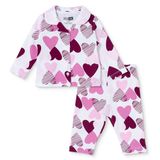 HelloBaby Kız Bebek Pijama Takımı Kalp Baskılı Düğmeli Gömlek Yaka Long Sleeve Reçme - Pembe