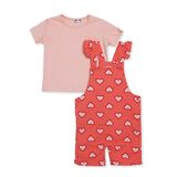 HelloBaby Kız Bebek Şort Salopet-Tshirt Kalp Baskılı Düğmeli Bisiklet Yaka Short Sleeve Reçme - Pembe