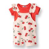 HelloBaby Kız Bebek Şort Salopet-Tshirt Kiraz Baskılı Düğmeli Bisiklet Yaka Kısa Kol Reçme - Nar Çiçeği