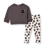 HelloBaby Kız Bebek Sweatshirt-Tayt Çiçek Baskılı Bisiklet Yaka Long Sleeve Reçme - Koyu Gri