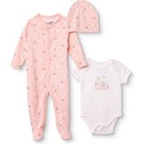 Hellobaby Kız Bebek Tulum-Body-Şapka Çiçek Baskılı Çıtçıtlı Bisiklet Yaka Uzun Kol Patikli - 0 - 1 Ay - Pembe