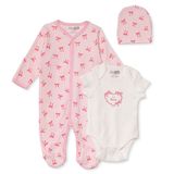 HelloBaby Kız Bebek Tulum-Body-Şapka Fiyonk Baskılı Çıtçıtlı Bisiklet Yaka Uzun Kol Patikli - Pembe