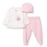 HelloBaby Kız Bebek Zıbın-Şapka-Alt Kuğu Baskılı Çıtçıtlı Bisiklet Yaka Uzun Kol Patikli - Ekru