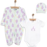 HelloBaby Yenidoğan Bebek Mor Tavşantulum-Body-Şapka 3lü Set - Ekru
