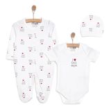 HelloBaby Yenidoğan Unisex Bebek Tulum-Body-Bere 3lü Takım İnterlok Çıtçıtlı Yaka Uzun Kol Ekru - Beyaz