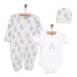HelloBaby Yenidoğan Unisex Bebek Tulum-Body-Bere 3lü Takım İnterlok Mor Tavşan Desenli Bisiklet Yaka Uzun Kol Ekru -