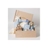 Hellobox Premium Erkek Bebek Yeni Doğan Hediyesi - Ahşap Kutulu Amigurumi Oyuncak & Anı Küpleri Mavi Bebek Hediye Seti