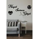 Hellove Hayat Sevince Güzel Duvar Yazısı Ahşap Duvar Tablosu + Mutlu Kalp Smile - Siyah