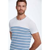 Hemington Mavi Çizgi Desen Bisiklet Yaka Beyaz Triko T-Shirt - Off White