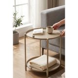 hemlife Çift Tepsili Katlanır Orta Yan Yuvarlak Sehpa Metal Ayak - Modern Sehpa 44 cm Tepsi Deri Kulplu CAPPUCİNO KAHVE TAKIM