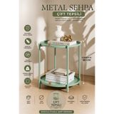 hemlife Çift Tepsili Katlanır Orta Yan Yuvarlak Sehpa Metal Ayak - Modern Sehpa 44 cm Tepsi Deri Kulplu MİNT YEŞİL
