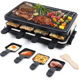 HengBo 8 Kişilik Raclette - 8 Mini Raclette Tava ve 4 Ahşap Spatula ile Raclette Izgara Yapışmaz Kaplama Izgara Tavası, Raclette Cihazı, 1300W - Siyah