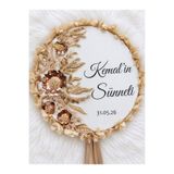 Henna Atelier Bej, Krem Çiçek Aplik İşlemeli Yapay Çiçeklerle Süslenmiş Kişiye Özel Beyaz Zeminli Kına, Gelin, Sünnet, Bride, Nedime Tefi 32 cm