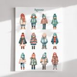 Henno Sevimli Kış Kızları Sticker Seti (1 Adet A6) | Bullet Journal, Ajanda, Defter Çıkartma - Çok Renkli