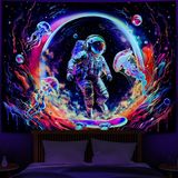 Heopapin Blacklight Astronot Uzay Gobleni, UV Reaktif Gezegen Denizanası Duvar Kilimi Kaykay Astronot Uzay Yolculuğu Sanat Duvar Halıları Oda için Duvara Asılır G 59 × H51