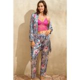 Hepici Arias Closet Saten Çiçek Baskılı Sabahlık Balensiz Desteksiz Dolgusuz Dantelli Bralet Sütyen ve Pantolon Pijama 3'lü Takım