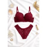 Hepimiz alalım Bordo Dantel Detaylı Push Up Sütyen Takımı