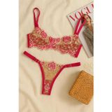 Hepimiz alalım Fuşya Çiçek İşlemeli Transparan Bralet ve Tanga Takım