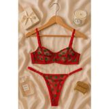 Hepimiz alalım Kırmızı Kalp Desenli Transparan Tül Bralet Tanga Takım
